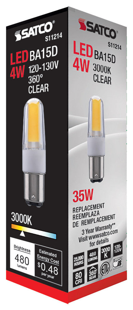 4W, LED, 3000K, Clear, Double Contact Bayonet Base, 120-130V