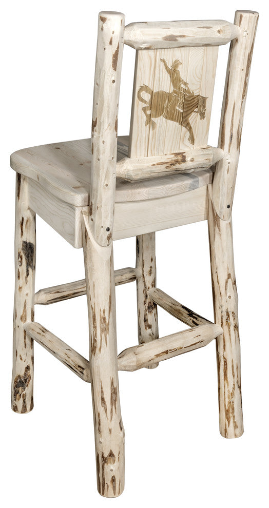 Montana Counter Height Barstool With Laser Engraved Bronc, Clear Lacquer Finish