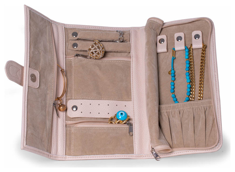Cream Multi Compartment Jewelry Clutch, Ultra Soft Vegan Leather