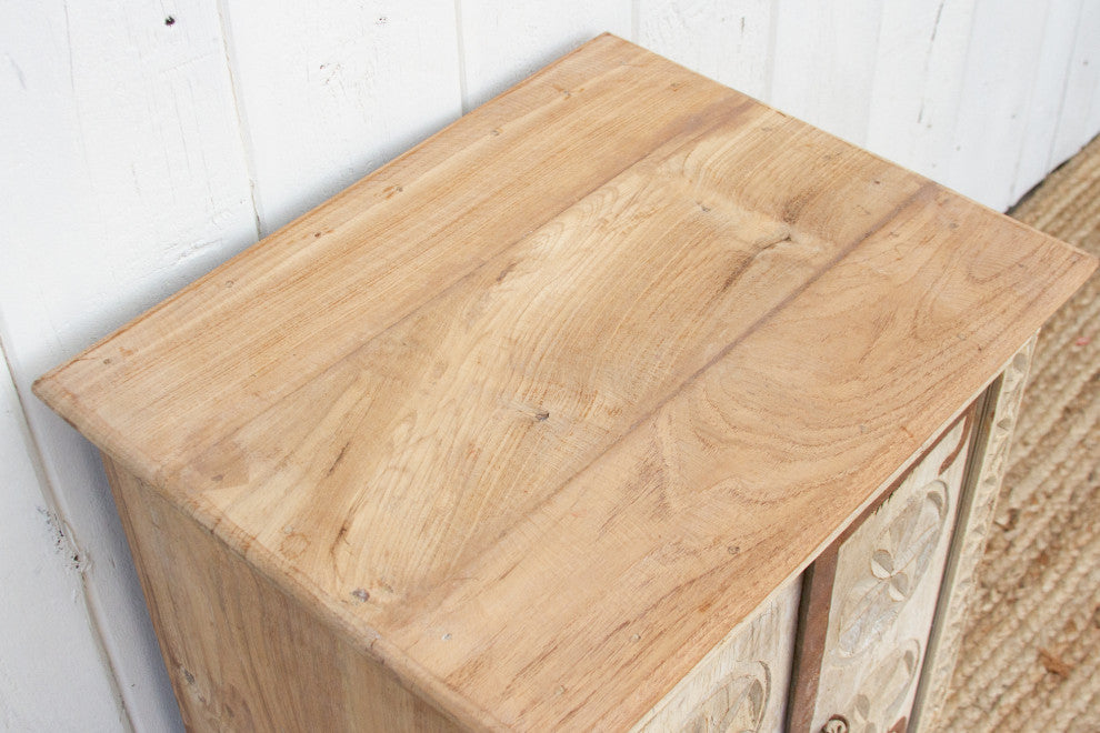 Small Bleached Wood Carved Nightstand