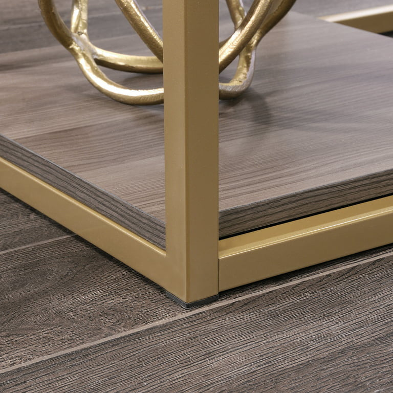 Contemporary Desk, L-Shaped Design With Golden Metal Frame, Diamond Ash Finish