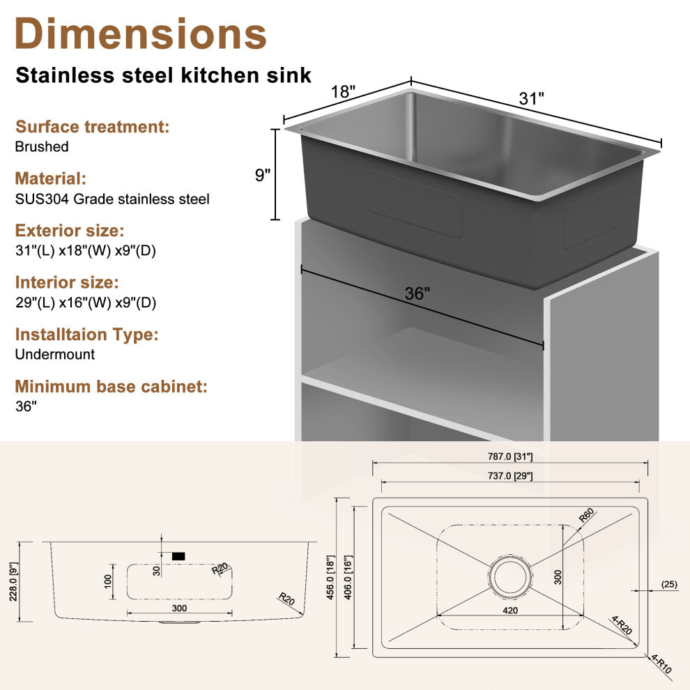31in Undermount Single and Double Bowl 18 Gauge Stainless Steel Kitchen Sink, Single