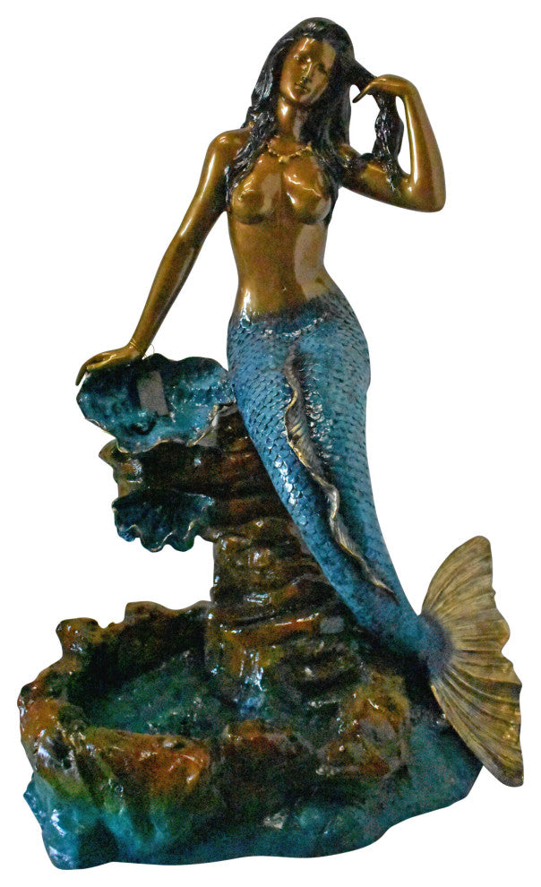 Beautiful Large Mermaid Bronze Statue Fountain - Size: 35"L x 32"W x 53"H.
