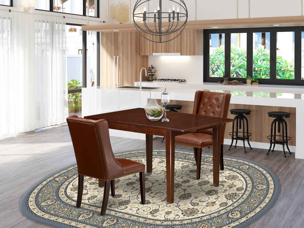 3Pc Kitchen Set, 1 Butterfly Leaf Rectangular Table, 2 Brown Chairs, Mahogany