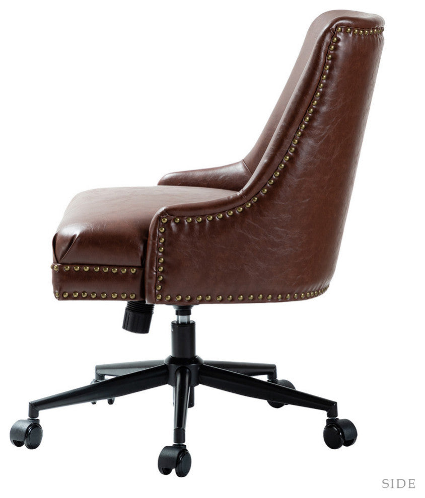 Upholstered Swivel Task Chair With Nailhead Trim, Brown
