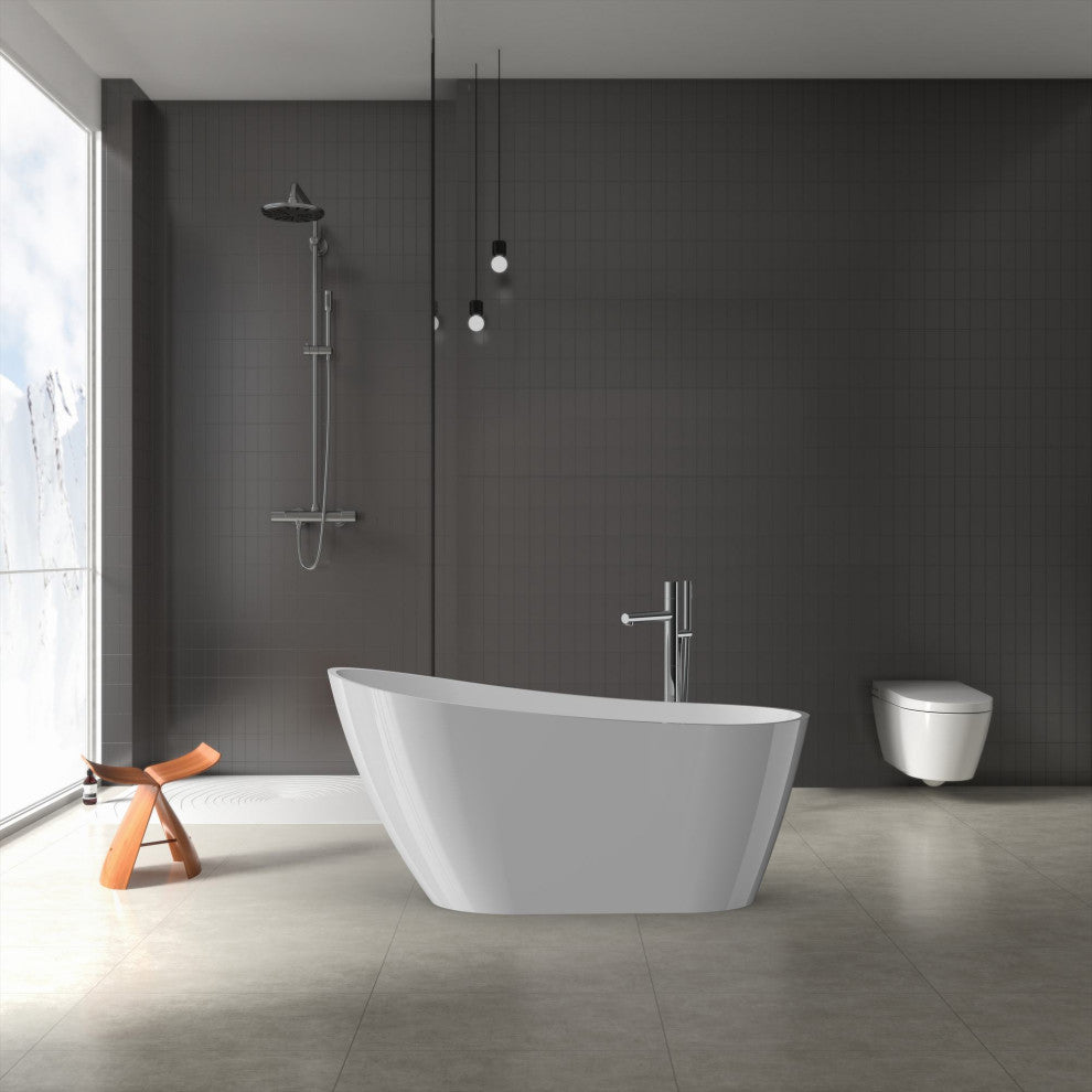 Acrylic Freestanding Bathtub With Drain and Overflow cover, Glossy White, 59"