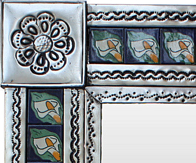 Medium Silver Lily Mexican Talavera Tile Mirror