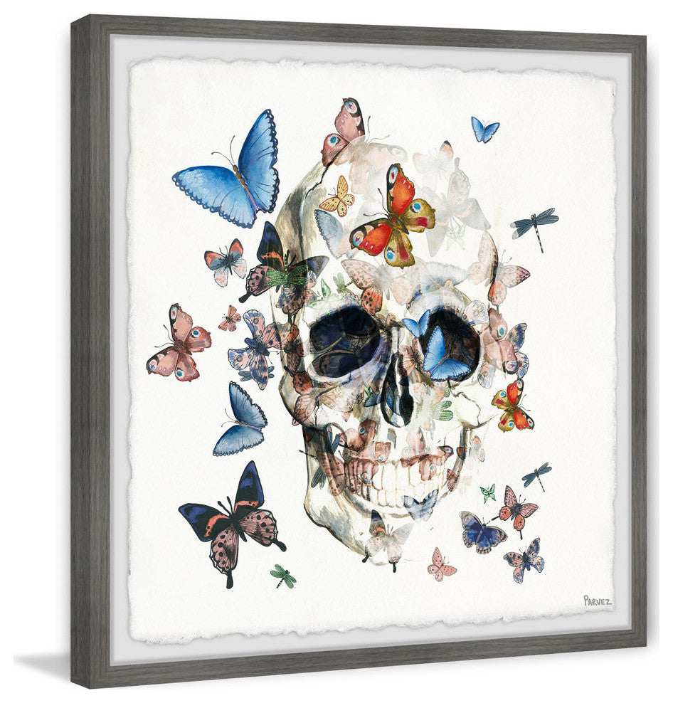 "Happy Butterfly Skull" Framed Painting Print, 18"x18"