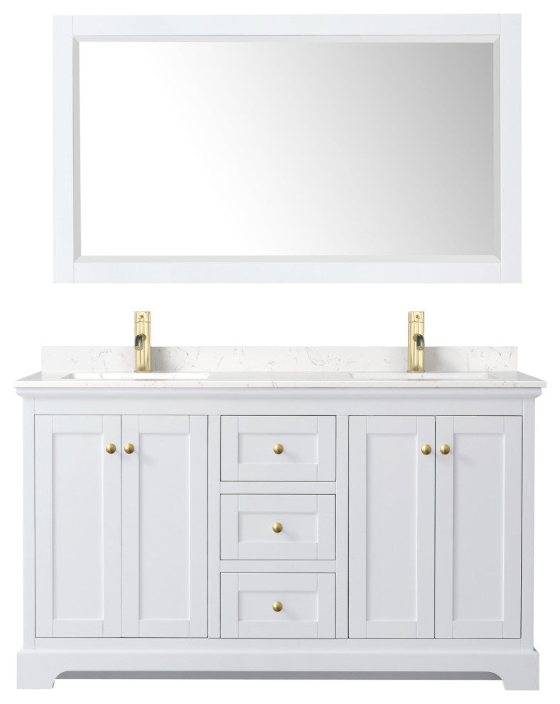 60"DBL Vanity White, Light-Vein Carrara Cult. Top, Sinks, 58"Mirror, Gold Trim