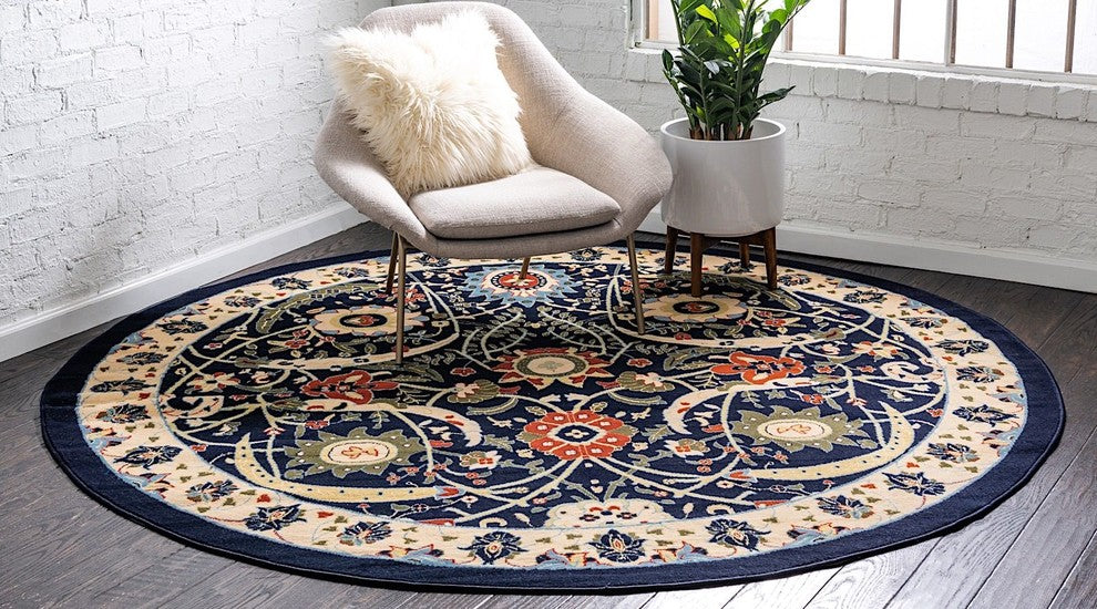 Country and Floral Kashan 8' Square Denim Area Rug