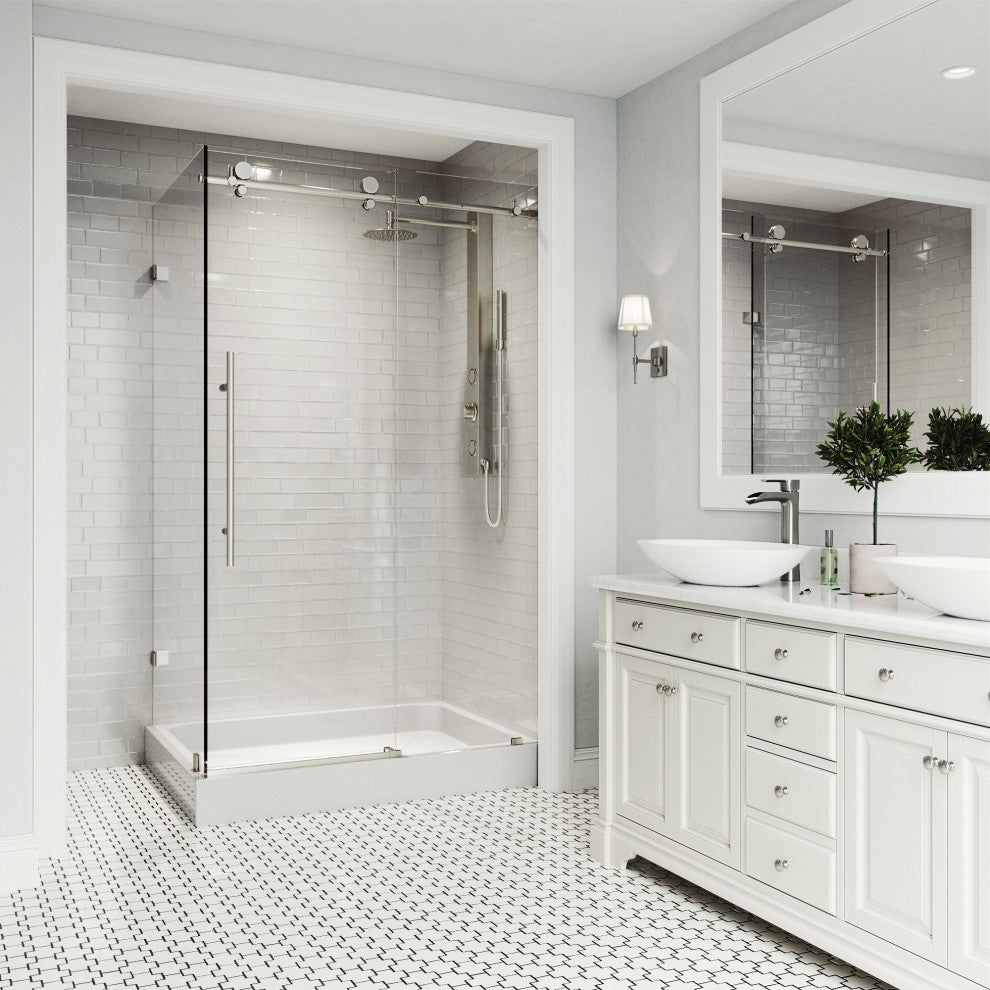 VIGO Elan E-Class Frameless Sliding Shower Enclosure, Stainless Steel, 36" D X 48" W X 82" H, Right Base