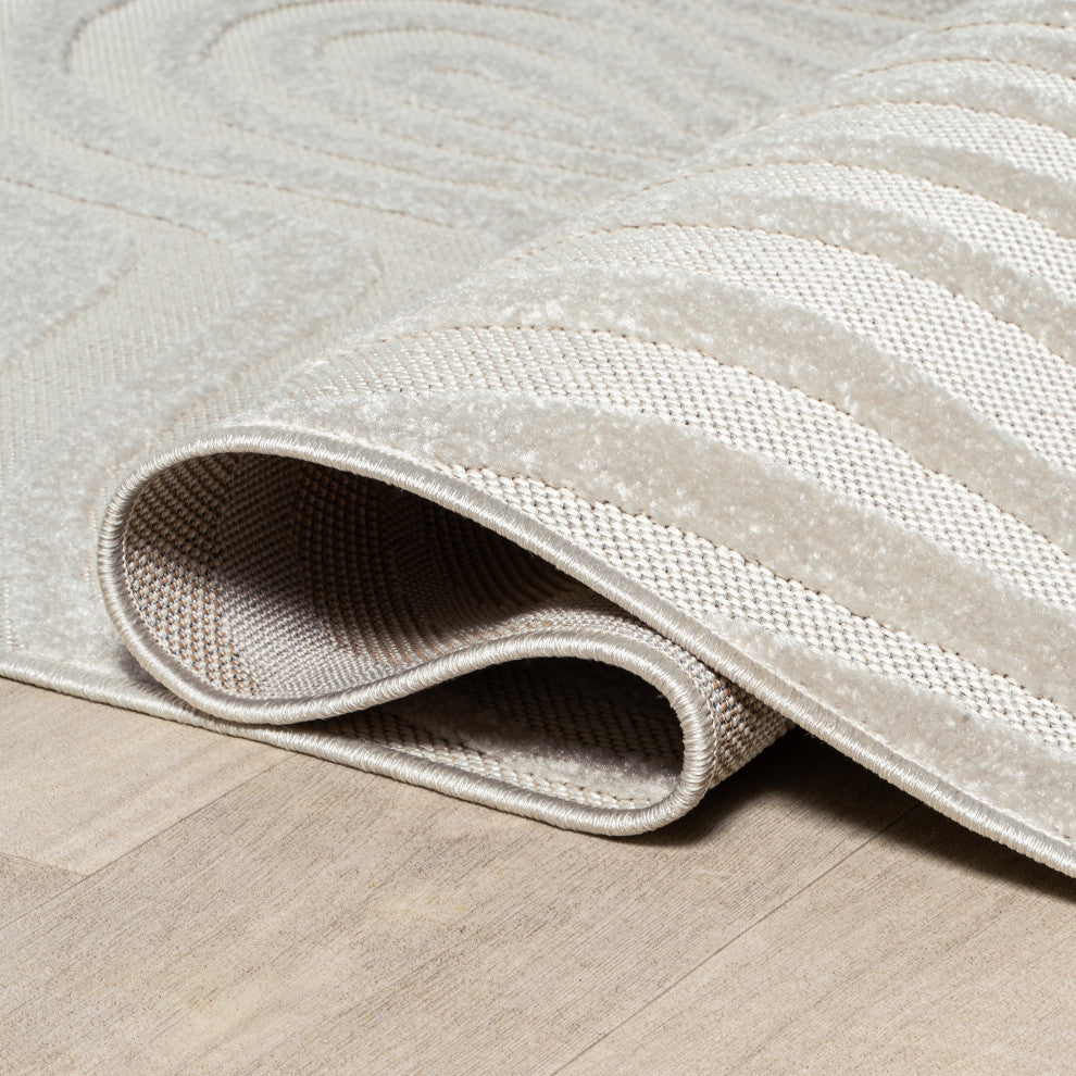 High-Low Groovy Striped Cream/Ivory 5 ft x 8 ft Indoor/Outdoor Area Rug