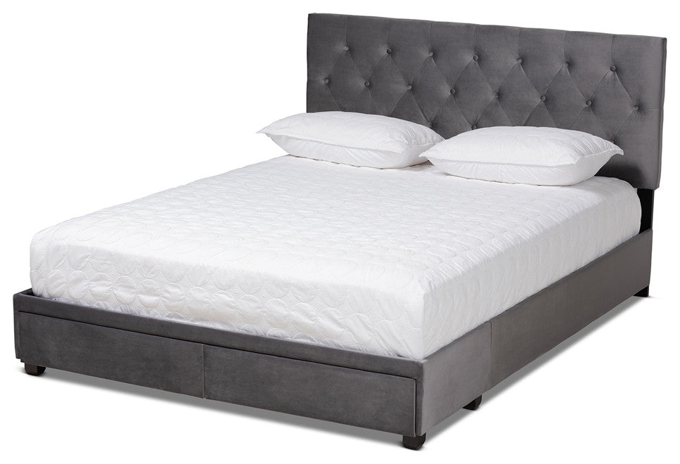 Modern Grey Velvet Fabric Upholstered 2-Drawer Queen Size Platform Storage Bed