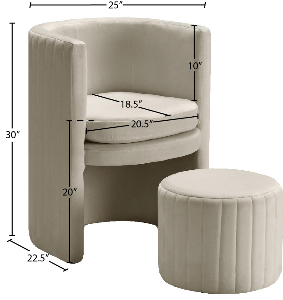 Selena 2-Piece Velvet Accent Chair and Ottoman Set, Cream