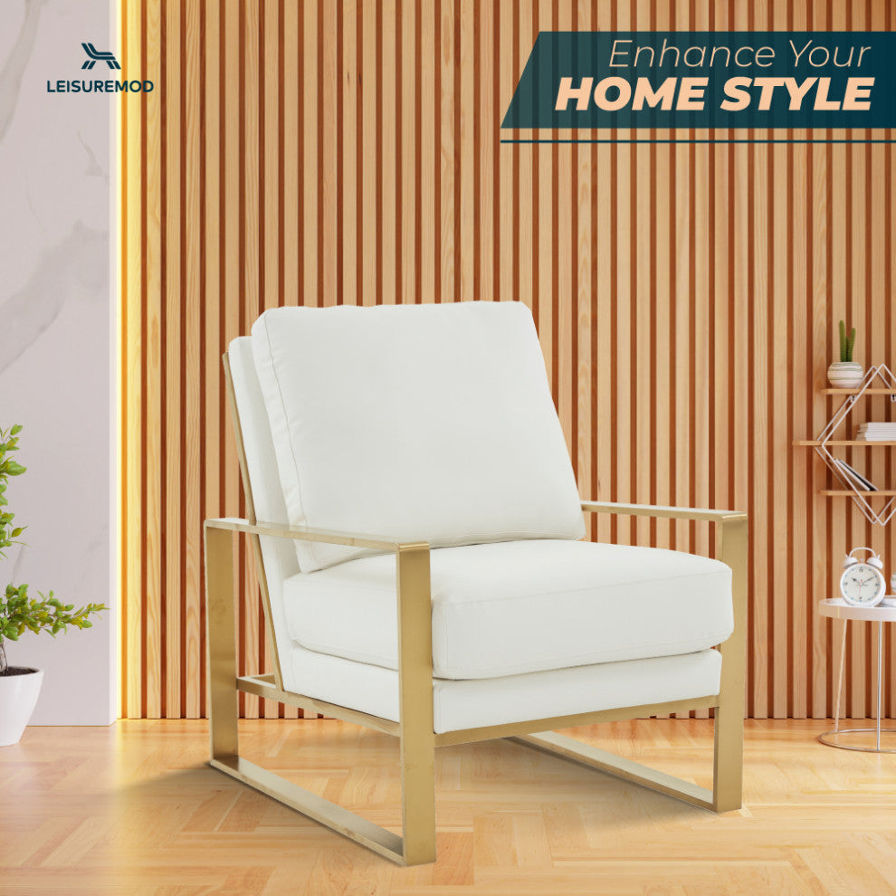 LeisureMod Jefferson Faux Leather Accent Armchair With Gold Frame, White