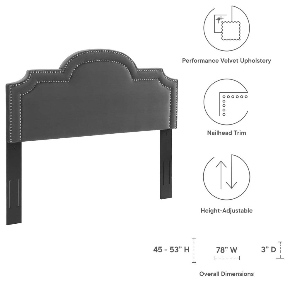 Headboard, Nailhead, King California, Charcoal Gray, Velvet, Modern