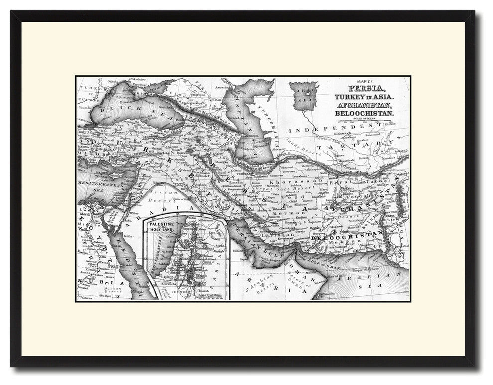 Persia, Iraq, Iran, Afghanistan Map Print On Canvas With Black Frame, 16" X 21"