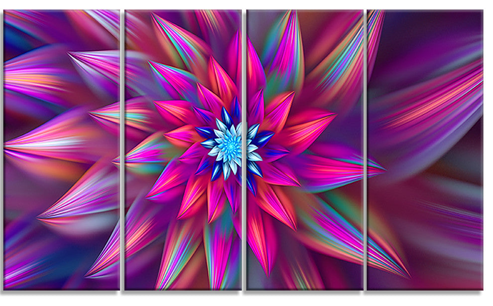 Huge Purple Pink Fractal Flower, Floral Canvas Art Print, 48"x28", 4 Panels