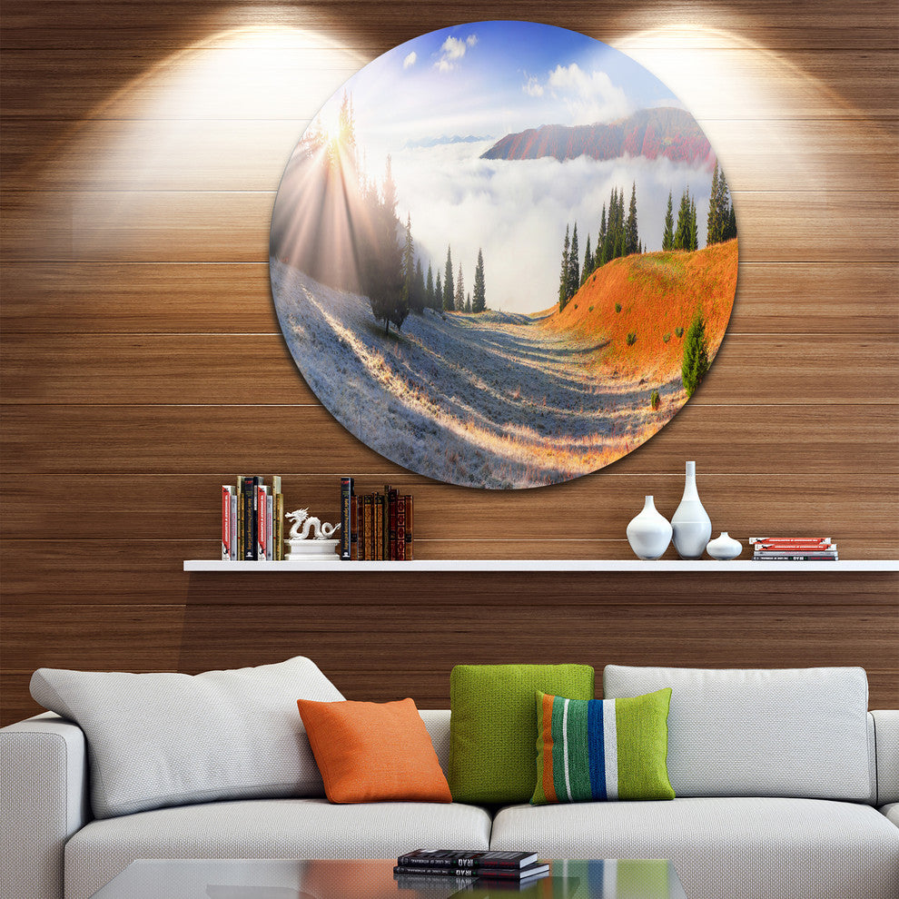 Yellow Beach Forest In Carpathians, Landscape Round Metal Wall Art, 38"