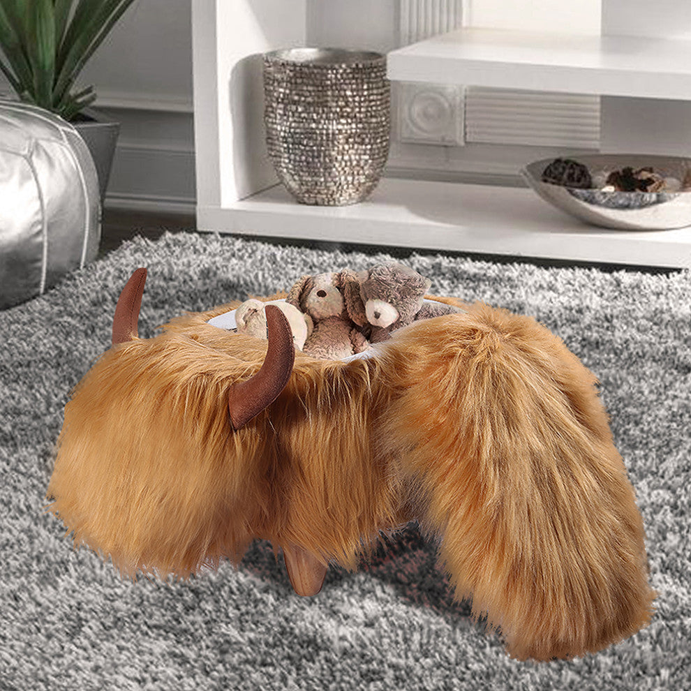 Brown Fur Cow Animal Ottoman, Storage for Living Room