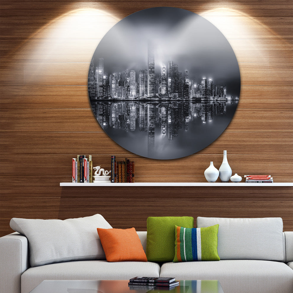 Hong Kong Black And White Panorama, Cityscape Disc Metal Artwork, 23"