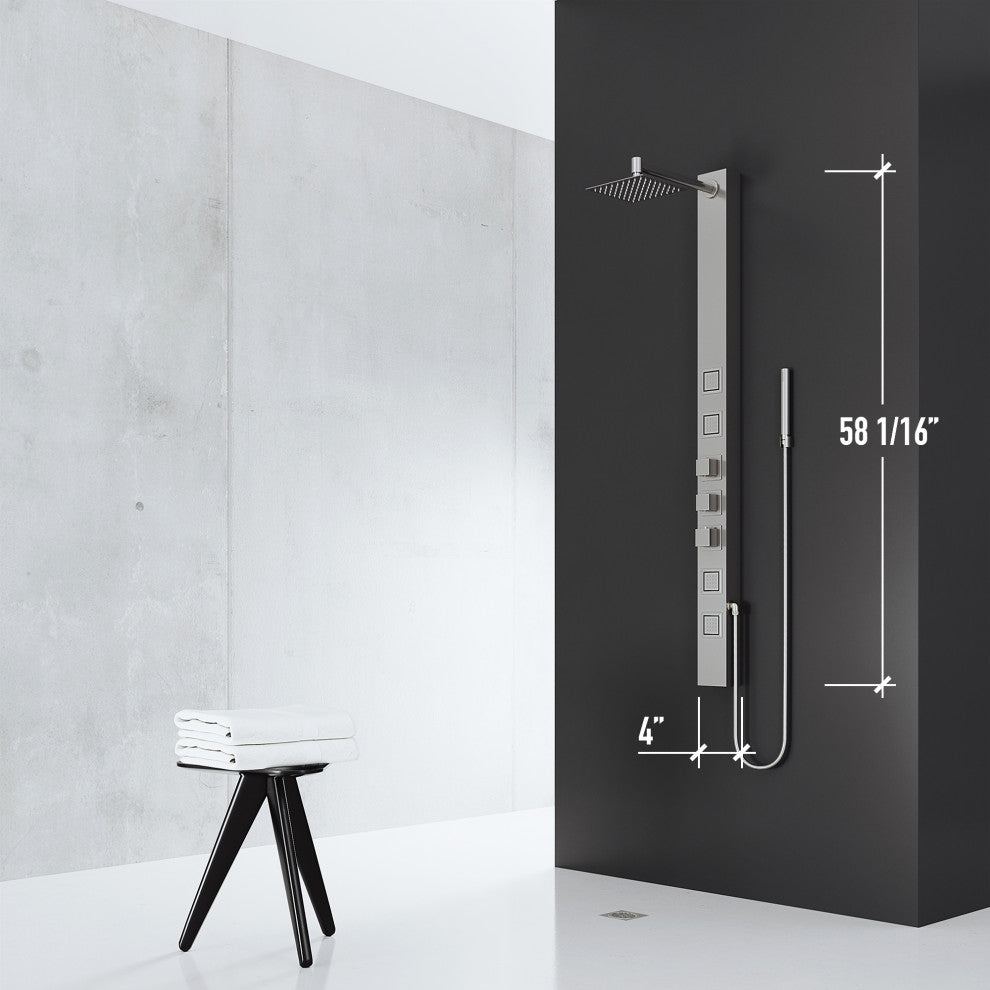 Sutton 58" H x 4" W 4-Jet Shower Panel with Square Shower Head, Stainless Steel