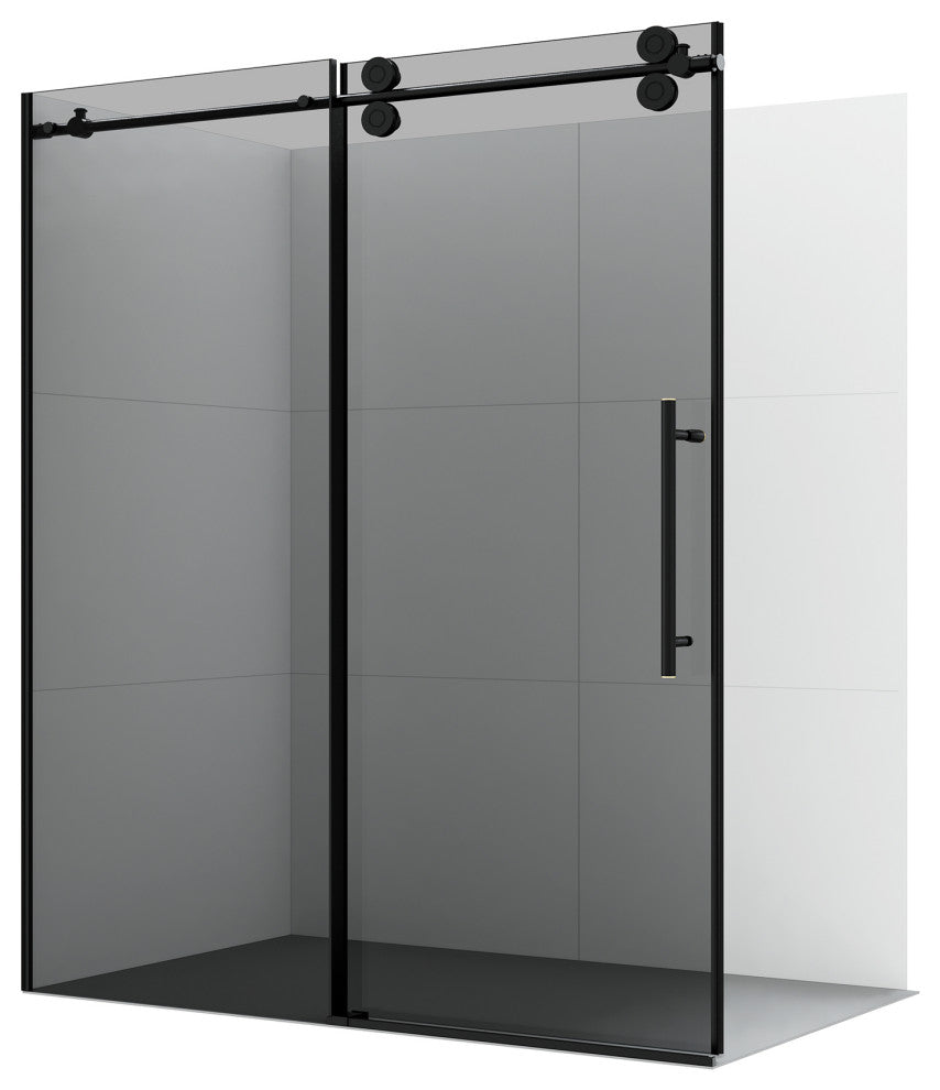 Echarri Single Sliding Frameless Shower Door, Tinted Glass, Matte Black, 68" W X 78"h