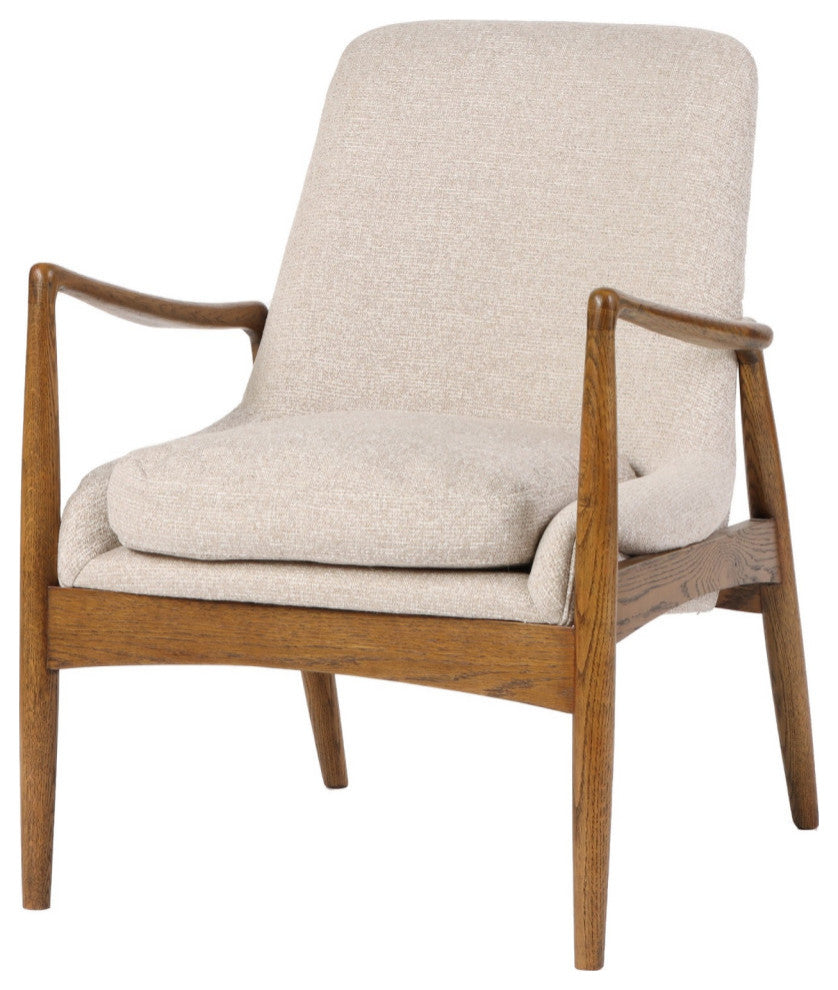 28 Inch Fabric Upholstered Accent Armchair, Birch Wood, Off White, Brown