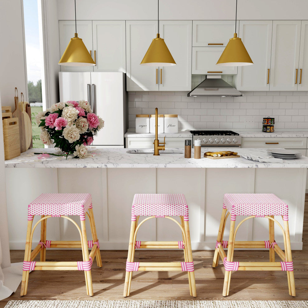 Robias Rectangular Rattan 24.5" Counter Stool, White and Pink