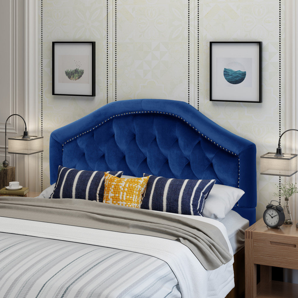 GDF Studio Lazarus New Velvet Studded Seam Tufted Queen/Full Headboard, Navy Blue