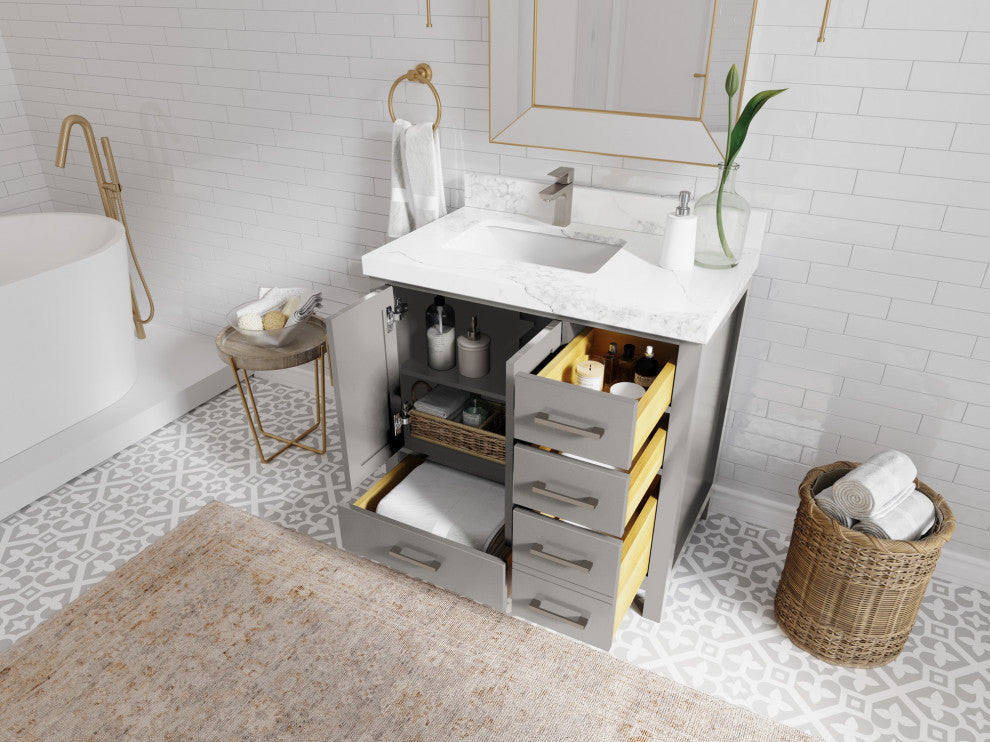 Malibu 36 Left Offset Bath Vanity in Elephant Skin Gray 2" Piatra Gray