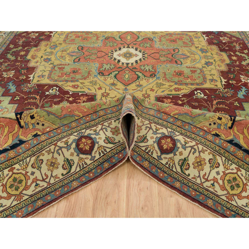 Red Heriz Re-Creation Pure Wool Hand Knotted Oversize Oriental Rug 12'x15'2"