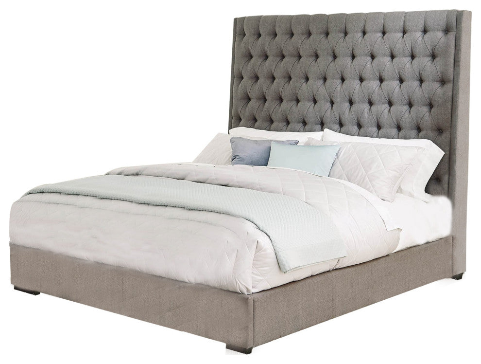 Fabric Upholstered California King Size Bed with Button Tufted Details, Gray