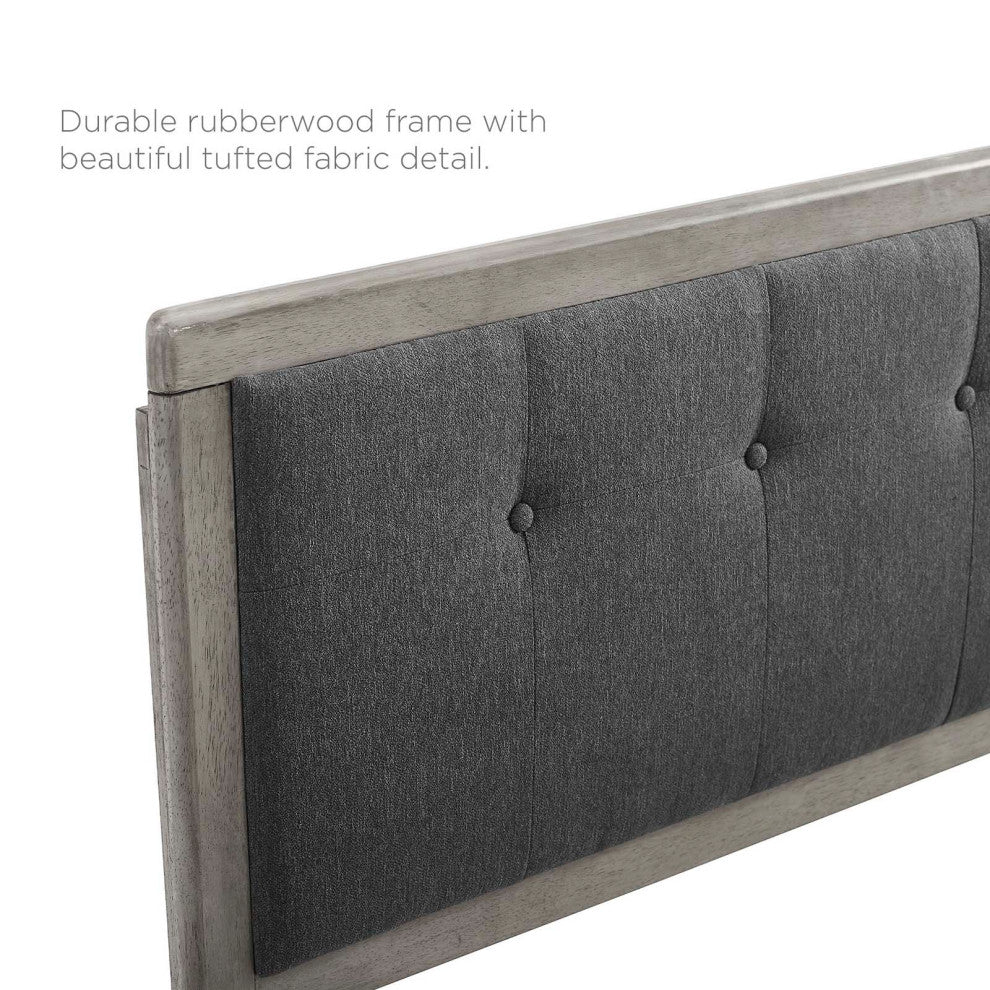Platform Bed Frame, Queen Size, Fabric, Wood, Gray, Modern Mid-Century