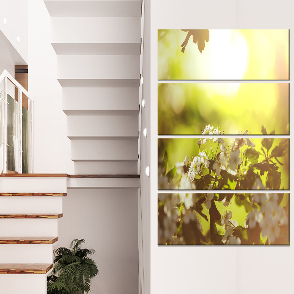 Blossom Cherry on Green Background, Floral Canvas Art Print, 28"x48", 4 Panels