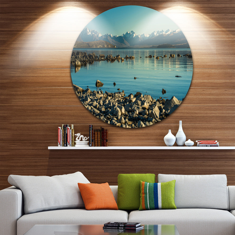 Blue Waters In Rocky Beach Panorama, Landscape Disc Metal Artwork, 11"