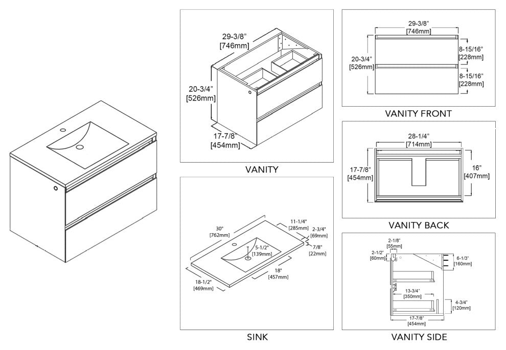 LED Lighted Bathroom Vanity With Ceramic Sink and Dimmed Light, Calacatta White, 30"