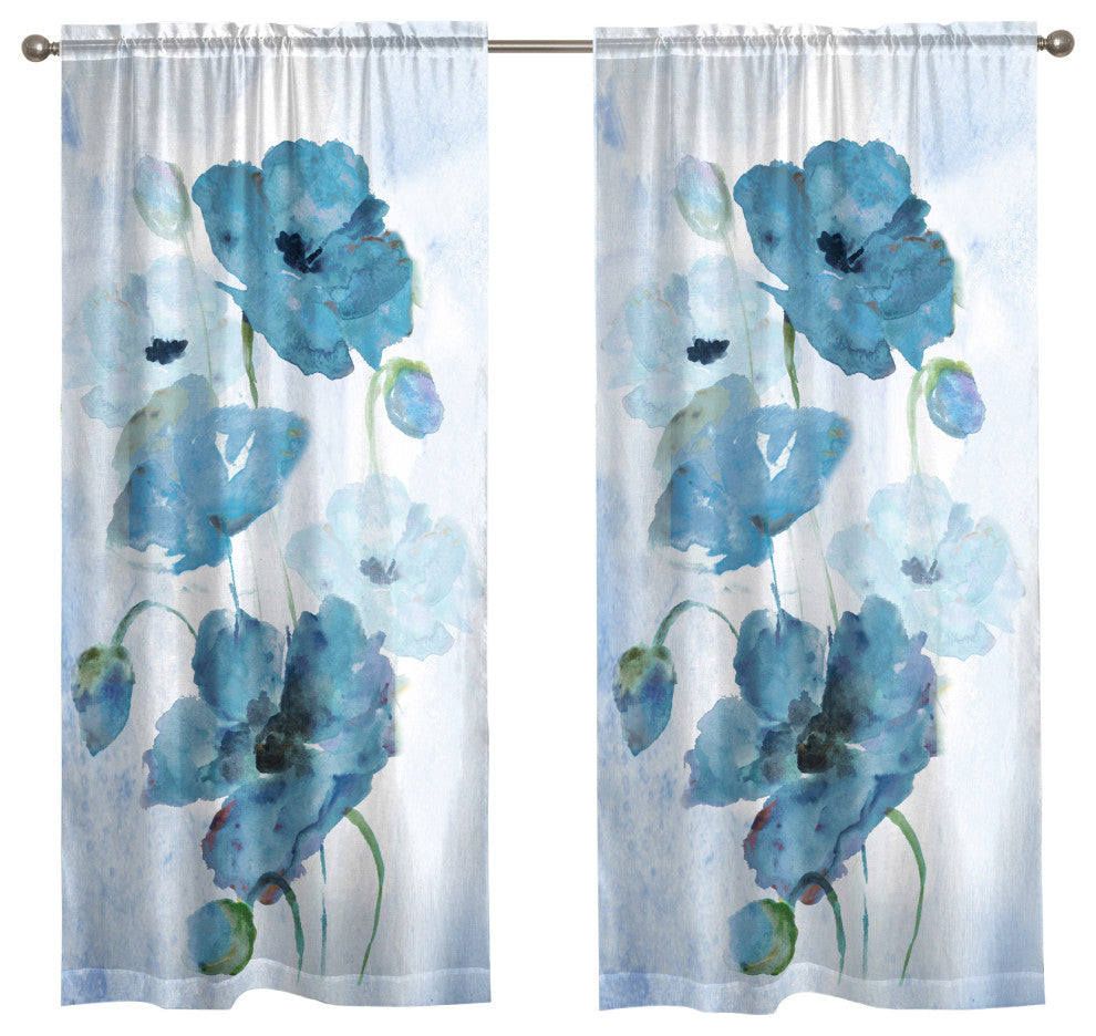 Blooming Indigo Poppies 84" Sheer Window Panel
