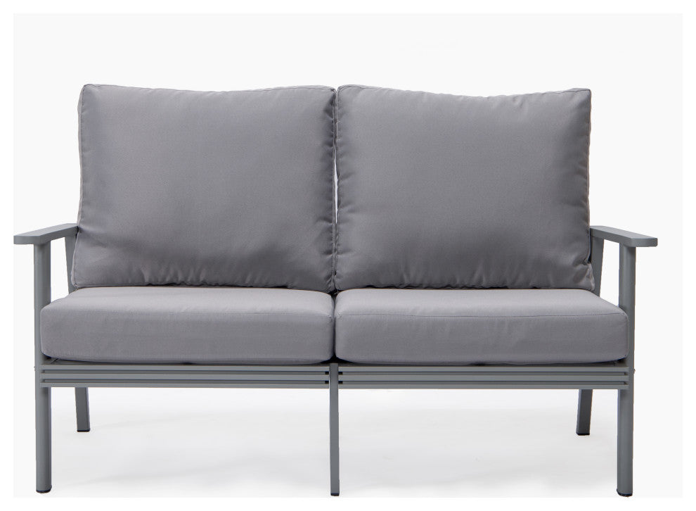 LeisureMod Walbrooke 3-Piece Patio Set With Gray Aluminum Frame and Cushions, Grey