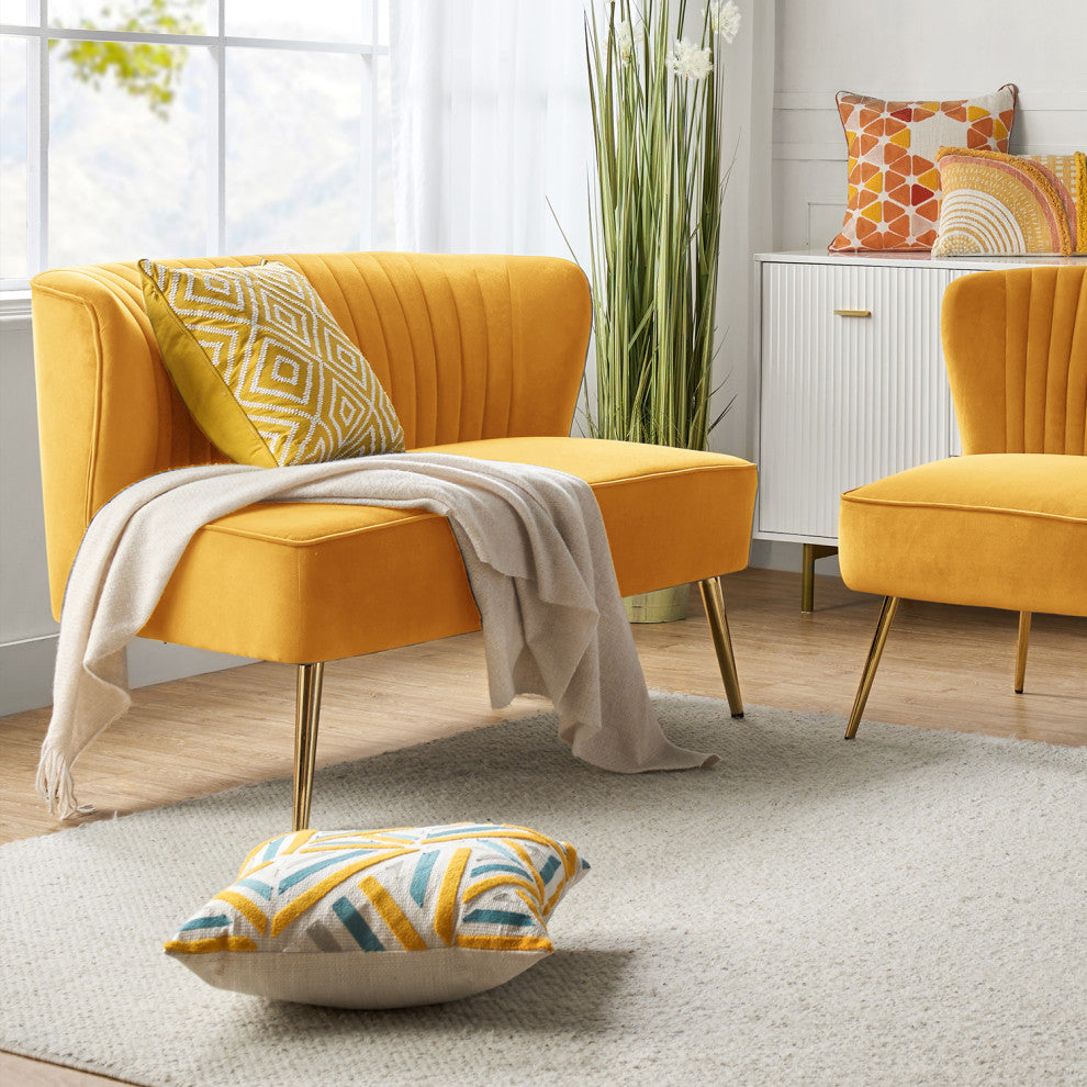 Velvet Tufted Loveseat Sofa With Golden Base, Mustard