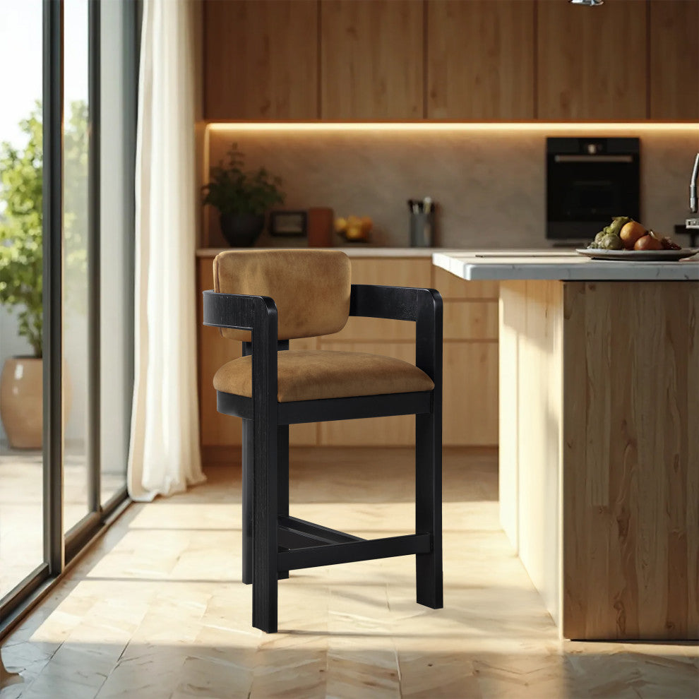 Sacha Upholstered Bar and Counter Stool, Saddle, Velvet, Black
