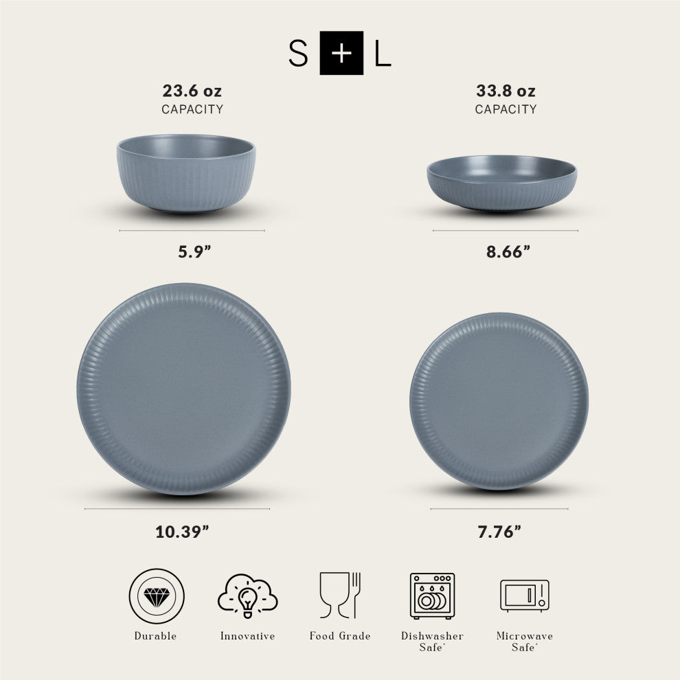 Stone Lain Logan Stoneware 16 Piece Dinnerware Set With Pasta Bowls, Grey