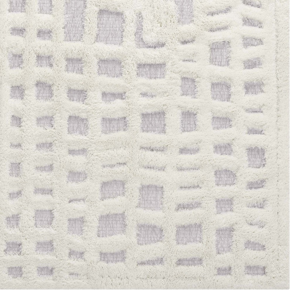 Ladder Abstract Plaid Lattice 5x8 Shag Area Rug Ivory and Light Gray