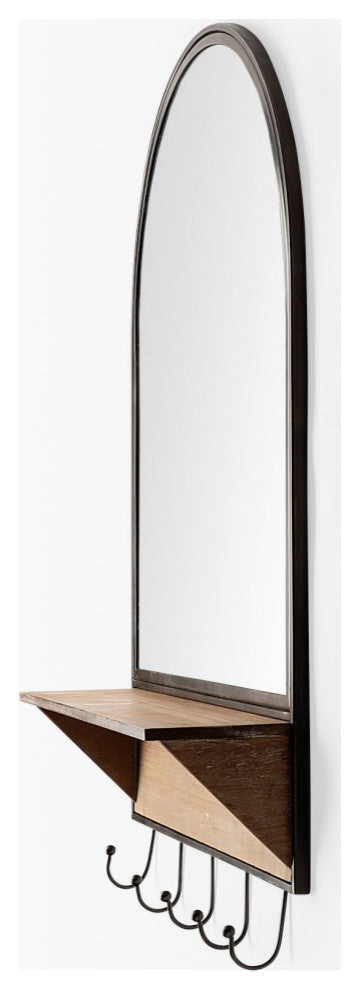 Neville Black Metal and Brown Wood Shelf With Hooks Arched Mirror, 30" x 20"