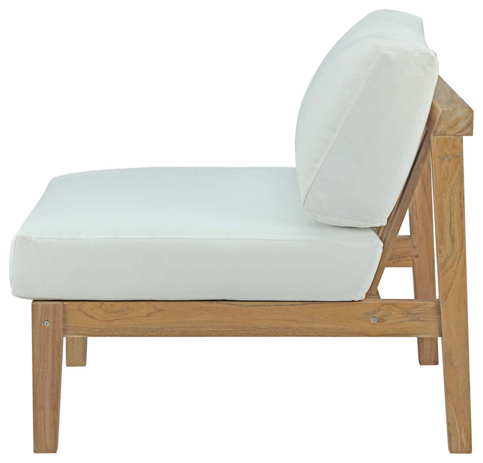Sectional Sofa Chair Table Set, White Natural, Teak Wood, Modern, Outdoor Patio
