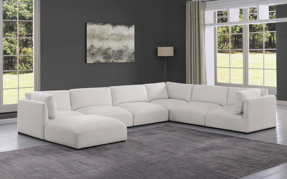 Ease Polyester Upholstered U-Shaped Modular Sectional, Cream, 6 Piece: 3 Corner, 3 Armless, 1 Ottoman