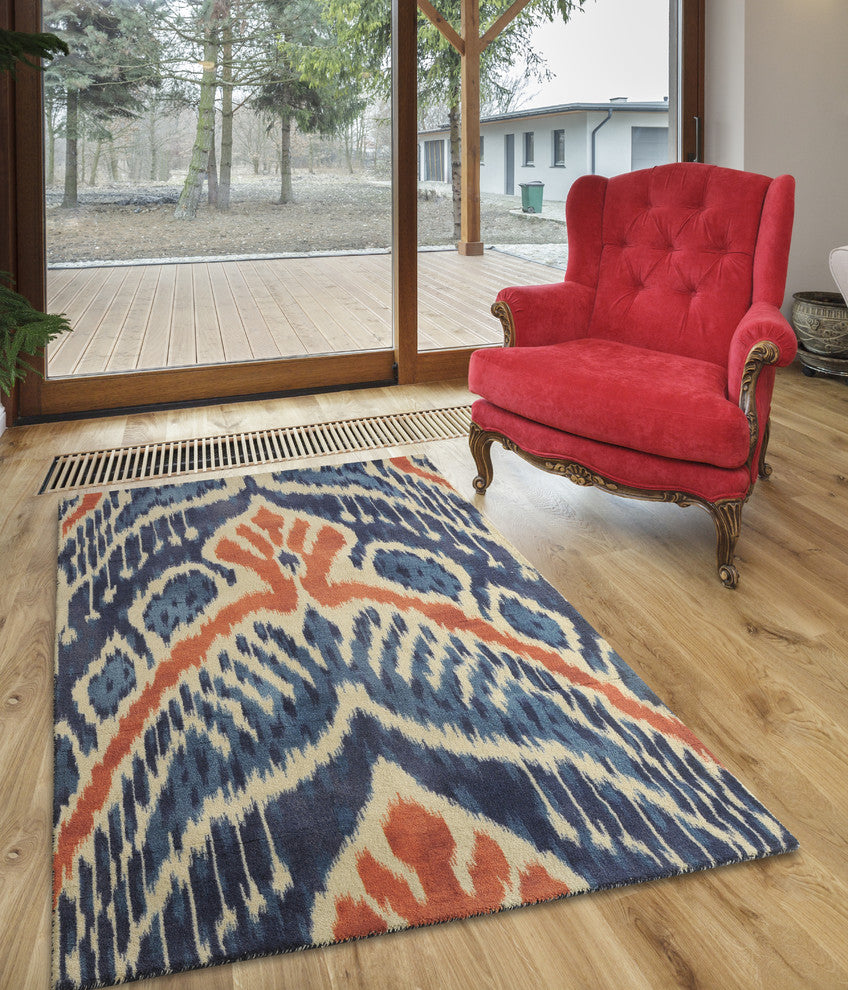 Blue Crown Ikat Modern Bohemian Area Rug, 5'6"x8'6"