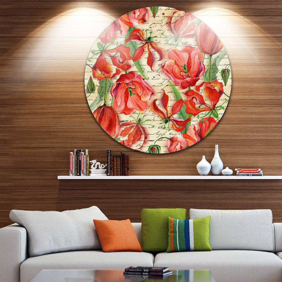 Seamless Red Flower Pattern, Floral Disc Metal Artwork, 11"