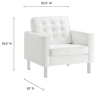 Loft Tufted Vegan Leather Armchair and Ottoman Set, Silver White