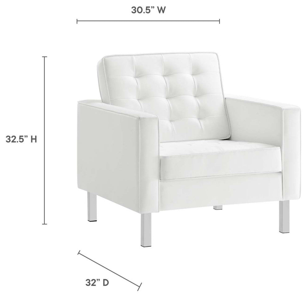 Loft Tufted Vegan Leather Armchair and Ottoman Set, Silver White